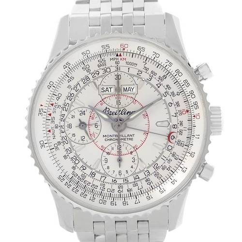 The image shows a Breitling Navitimer A21330 Men's Stainless Steel Silver Dial A21330 Men's Stainless Steel Silver Dial watch face and bracelet viewed from the front, featuring multiple dials and a calendar display.