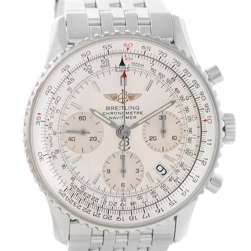 The image shows a front view of a Breitling Navitimer A23322 Men's Stainless Steel Silver Dial A23322 Men's Stainless Steel Silver Dial watch, highlighting its dial, subdials, and metal bracelet.