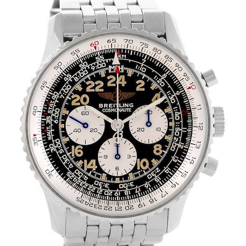 This image shows a front view of a Breitling Navitimer A12022 Men's Stainless Steel Black Dial A12022 Men's Stainless Steel Black Dial model watch, highlighting its black dial, chronograph sub-dials, and stainless steel bracelet.