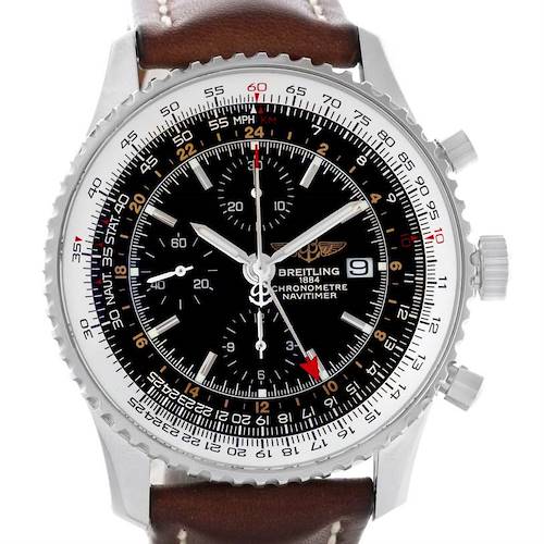 This image shows a front view of the Breitling Navitimer A24322 Men's Stainless Steel Black Dial A24322 Men's Stainless Steel Black Dial watch, displaying the face, dial, and brown leather strap details.