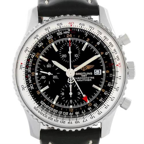 The Breitling Navitimer A24322 Men's Stainless Steel Black Dial A24322 Men's Stainless Steel Black Dial watch is shown from a front angle, displaying its dial, bezel, chronograph subdials, and crown.