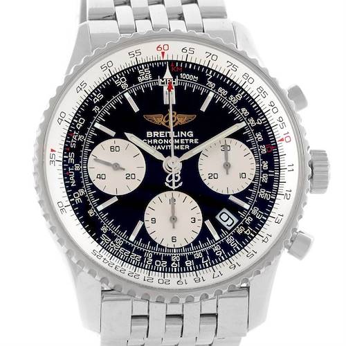 The image shows a front view of a Breitling Navitimer A23322 Men's Stainless Steel Black Dial A23322 Men's Stainless Steel Black Dial watch, featuring a metal bracelet and multiple dials.