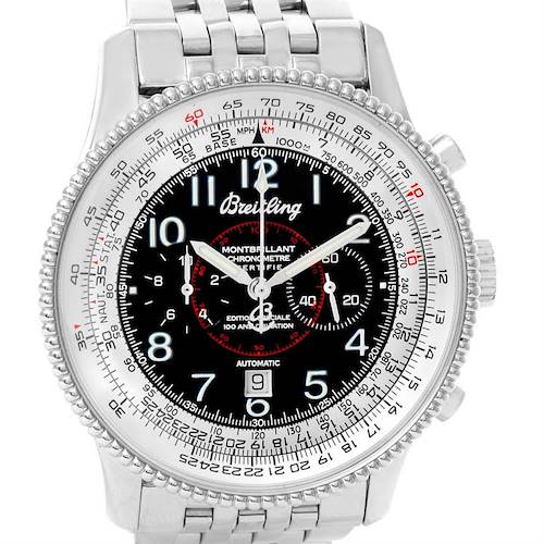 This image shows a front view of a Breitling Navitimer A35330 Men's Stainless Steel Black Dial A35330 Men's Stainless Steel Black Dial watch, highlighting the dial, bezel, and bracelet.