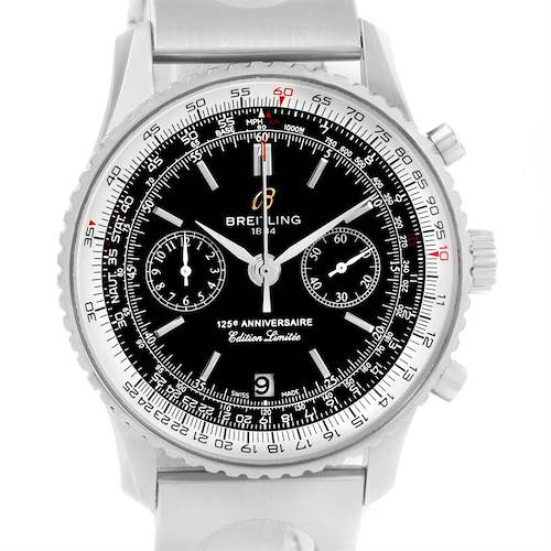 This image shows a front view of the Breitling Navitimer A26322 Men's Stainless Steel Black Dial A26322 Men's Stainless Steel Black Dial 125e Anniversaire Edition Limitee watch, highlighting its dial and bezel.