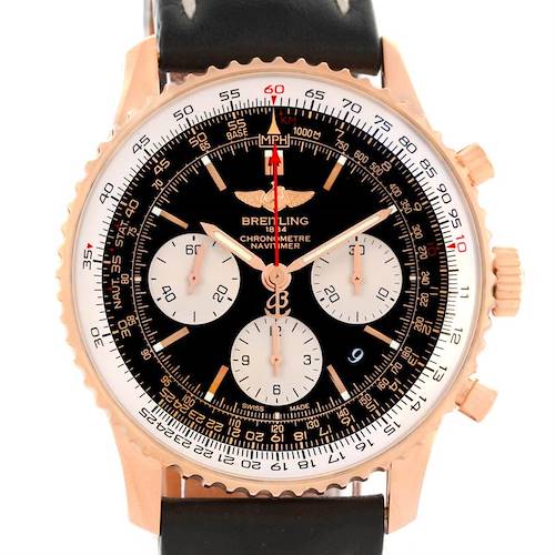 This image shows a front view of the Breitling Navitimer RB0120 Men's Rose Gold Black Dial RB0120 Men's Rose Gold Black Dial watch displaying its dial, bezel, and leather strap.