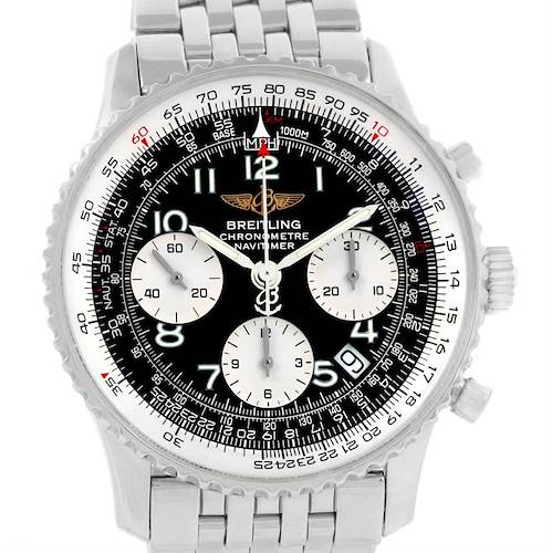 This image shows the face and part of the stainless steel bracelet of a Breitling Navitimer A23322 Men's Stainless Steel Black Dial A23322 Men's Stainless Steel Black Dial watch.
