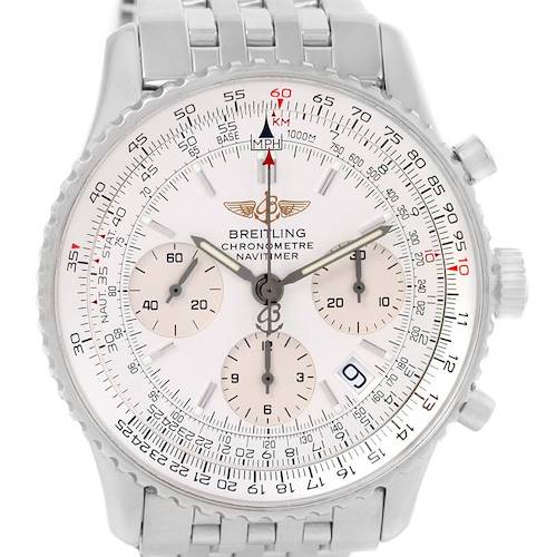 This image shows a front view of the Breitling Navitimer A23322 Men's Stainless Steel Silver Dial A23322 Men's Stainless Steel Silver Dial watch, displaying its dial, chronograph sub-dials, and part of the bracelet.