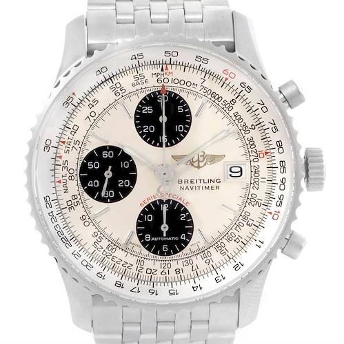 The image shows a front view of the Breitling Navitimer A13330 Men's Stainless Steel Silver Dial A13330 Men's Stainless Steel Silver Dial watch, highlighting its bezel, dial, subdials, date window, and bracelet.