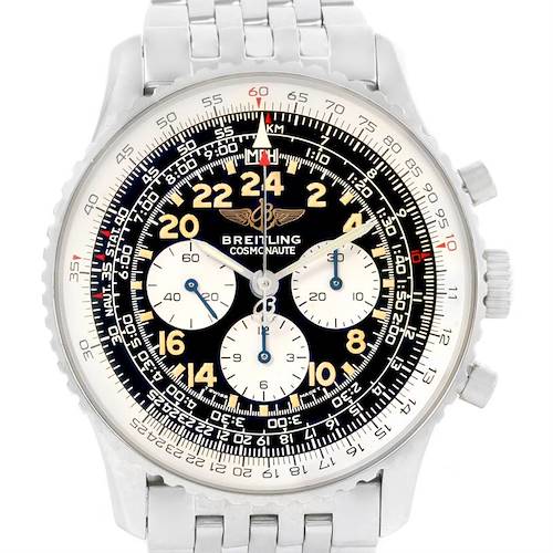 The image shows a front view of a Breitling Navitimer A12022 Men's Stainless Steel Black Dial A12022 Men's Stainless Steel Black Dial Cosmonaute watch with a black dial, three subdials, and a silver bracelet.