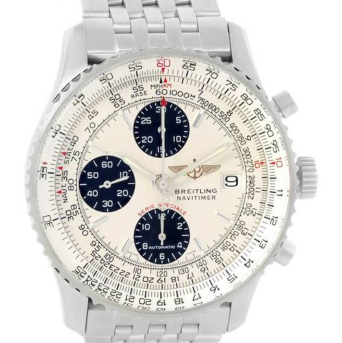 This image displays a frontal view of the Breitling Navitimer A13330 Men's Stainless Steel Silver Dial A13330 Men's Stainless Steel Silver Dial watch, highlighting its face, chronograph dials, and bracelet.