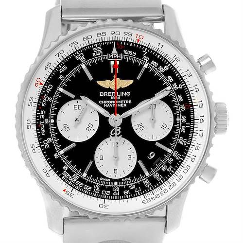 The image shows a front view of the Breitling Navitimer AB0120 Men's Stainless Steel Black Dial AB0120 Men's Stainless Steel Black Dial watch, displaying its dial, bezel, and buttons.