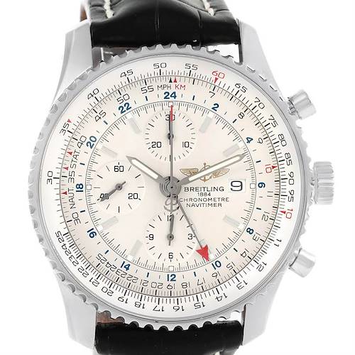 The image shows a front view of a Breitling Navitimer A24322 Men's Stainless Steel Silver Dial A24322 Men's Stainless Steel Silver Dial watch, featuring its chronograph dials, bezel, and black leather strap.