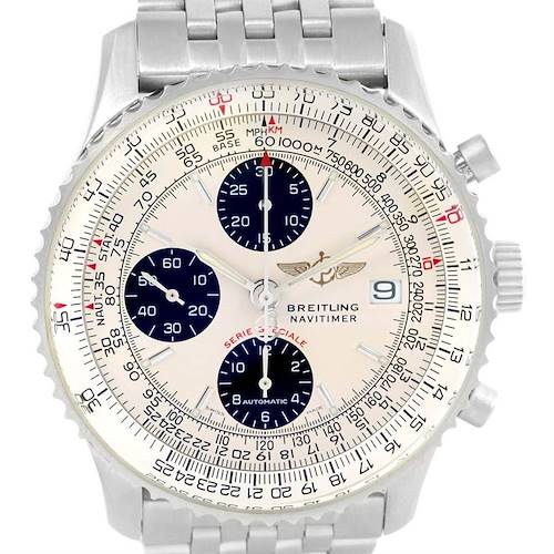 This image shows a front angle of the Breitling Navitimer A13330 Men's Stainless Steel Silver Dial A13330 Men's Stainless Steel Silver Dial watch, highlighting its dial, bezel, subdials, and bracelet.