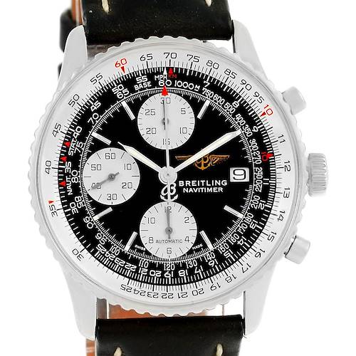 This image shows a frontal view of a Breitling Navitimer A13322 Men's Stainless Steel Black Dial A13322 Men's Stainless Steel Black Dial watch, highlighting the dial, three sub-dials, bezel, and crown.