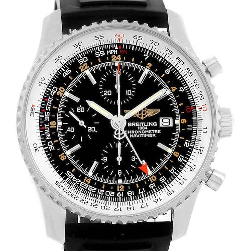 The image showcases a Breitling Navitimer A24322 Men's Stainless Steel Black Dial A24322 Men's Stainless Steel Black Dial watch from a front angle, highlighting its dial, bezel, and crown details.