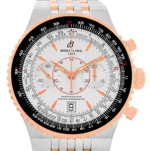 The image shows a close-up front view of a Breitling Navitimer C23340 Men's Steel and Gold (two tone) Silver Dial C23340 Men's Steel and Gold (two tone) Silver Dial watch, highlighting its dial, bezel, subdials, and crown.