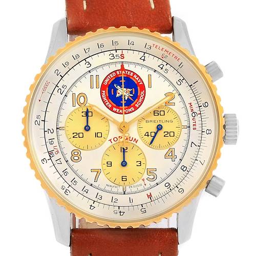 This image shows a front angle view of the Breitling Navitimer D30022 Men's Stainless Steel Silver Dial D30022 Men's Stainless Steel Silver Dial watch, highlighting its dial, bezel, and chronograph subdials.