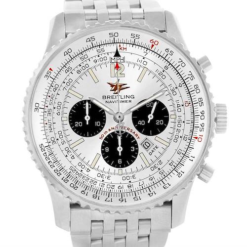 The image shows a front view of a Breitling Navitimer A41322 Men's Stainless Steel Silver Dial A41322 Men's Stainless Steel Silver Dial watch, displaying its face, bezel, subdials, and metal bracelet.