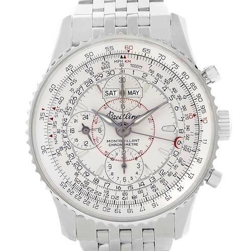 The image shows a front view of a Breitling Navitimer A21330 Men's Stainless Steel Silver Dial A21330 Men's Stainless Steel Silver Dial watch, highlighting the detailed dial, calendar functions, and metal bracelet.