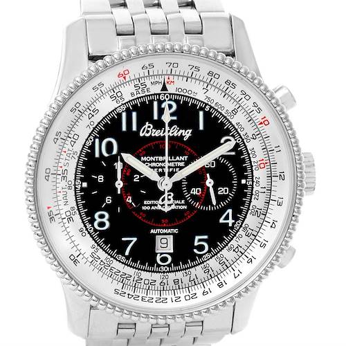 The image shows a front view of a Breitling Navitimer A35330 Men's Stainless Steel Black Dial A35330 Men's Stainless Steel Black Dial watch, displaying its face, bezel, crown, and partial stainless steel bracelet.
