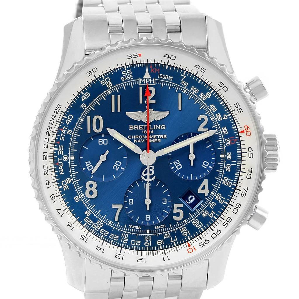 The image shows the face and part of the band of a Breitling Navitimer AB0121C4-C920-447A Men's Stainless Steel Blue Dial AB0121C4-C920-447A Men's Stainless Steel Blue Dial watch, taken from a front angle.