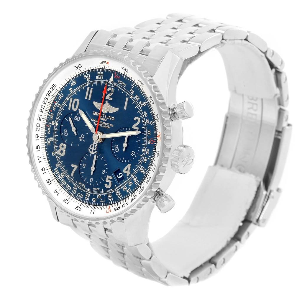 The Breitling Navitimer AB0121C4-C920-447A Men's Stainless Steel Blue Dial AB0121C4-C920-447A Men's Stainless Steel Blue Dial watch is shown at a side angle displaying the face, dial, crown, pushers, and metal bracelet.