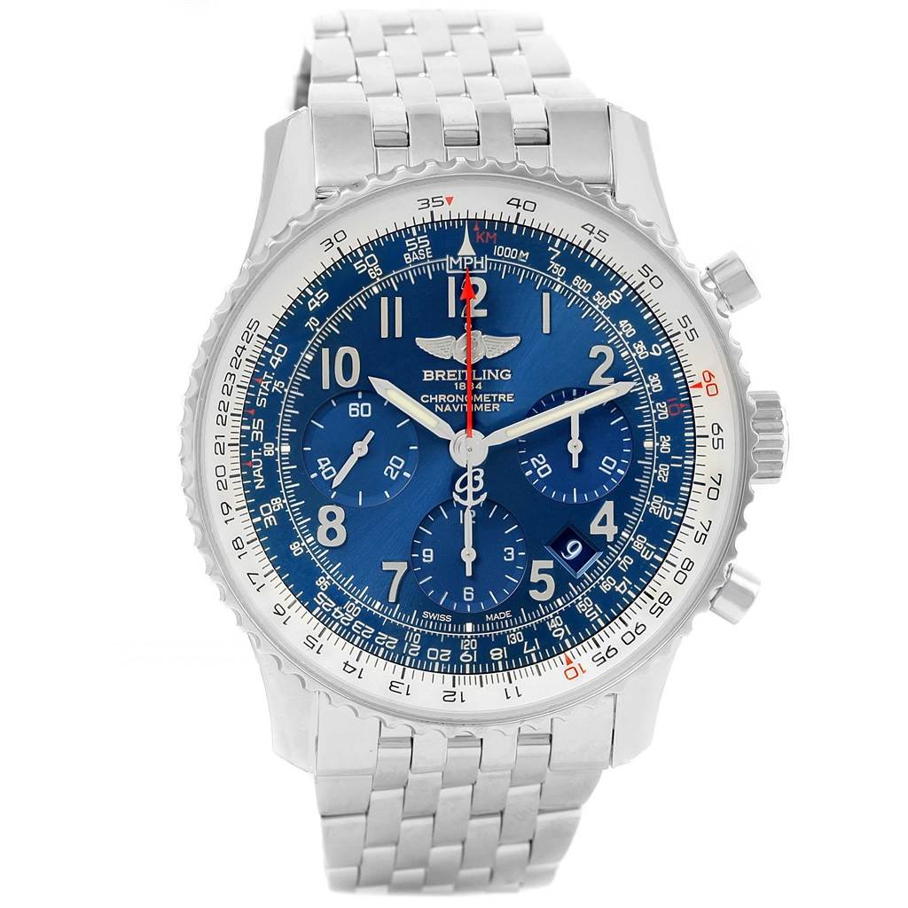 The image shows a frontal view of the Breitling Navitimer AB0121C4-C920-447A Men's Stainless Steel Blue Dial AB0121C4-C920-447A Men's Stainless Steel Blue Dial watch featuring a blue dial, sub-dials, and a metal bracelet.