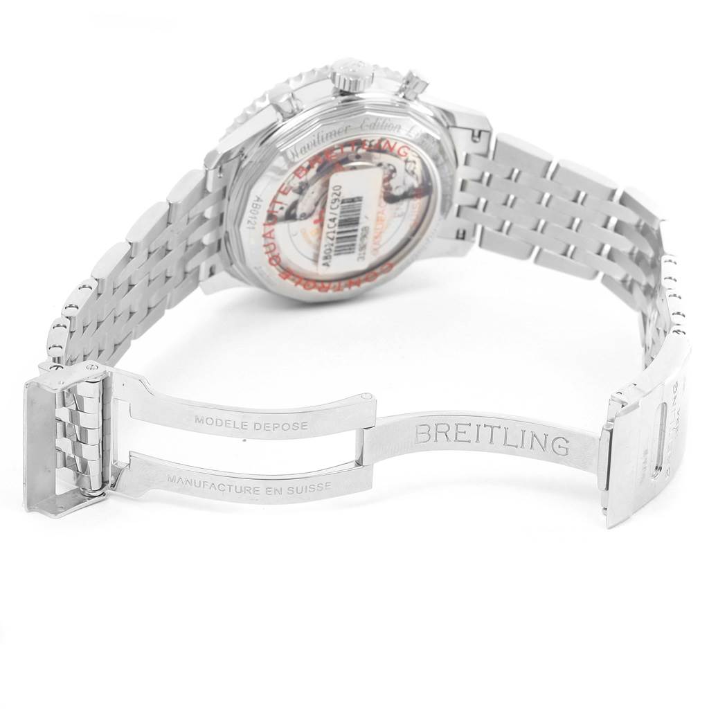 The image shows the back and part of the bracelet of a Breitling Navitimer AB0121C4-C920-447A Men's Stainless Steel Blue Dial AB0121C4-C920-447A Men's Stainless Steel Blue Dial watch with the clasp open.