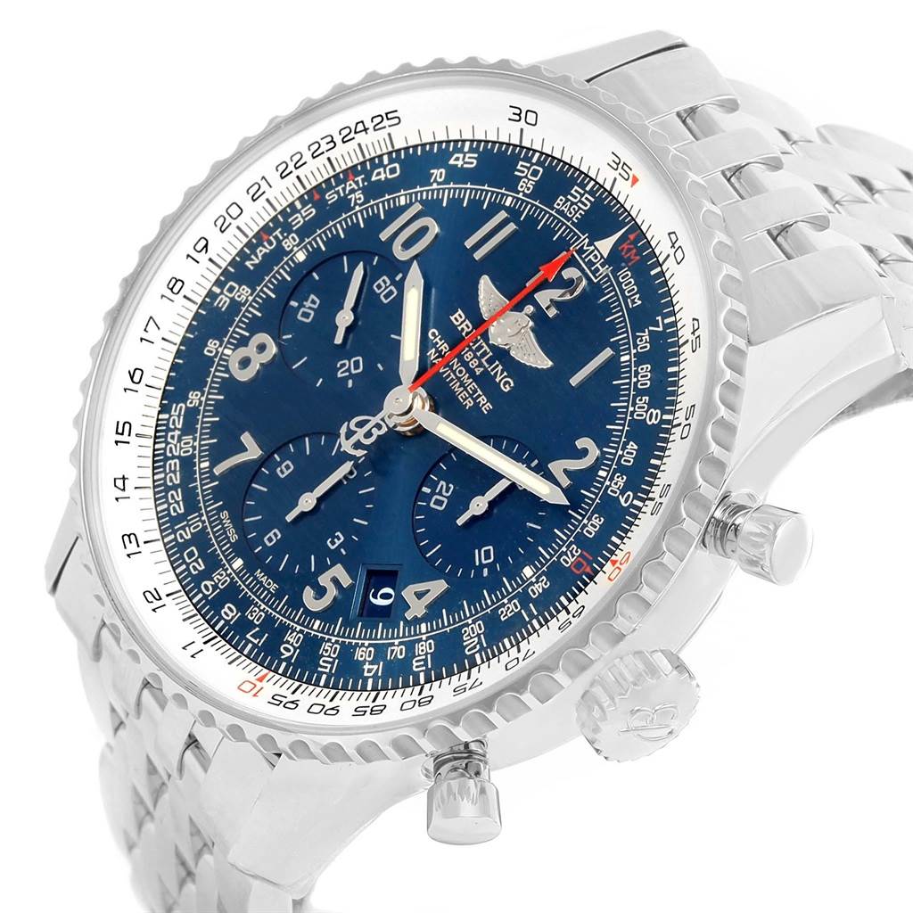 The image shows a Breitling Navitimer AB0121C4-C920-447A Men's Stainless Steel Blue Dial AB0121C4-C920-447A Men's Stainless Steel Blue Dial watch at an angled view, highlighting its blue dial, bezel, crown, and pushers.