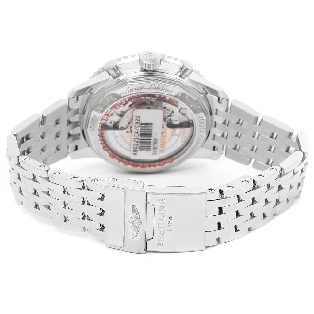 The image shows the back and bracelet of a Breitling Navitimer AB0121C4-C920-447A Men's Stainless Steel Blue Dial AB0121C4-C920-447A Men's Stainless Steel Blue Dial watch, highlighting the clasp and case back.