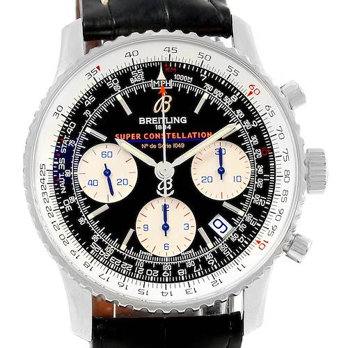This image shows the front view of a Breitling Navitimer A13322 Men's Stainless Steel Black Dial A13322 Men's Stainless Steel Black Dial watch, focusing on the dial, sub-dials, and bezel.