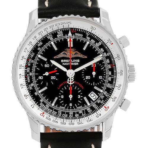 The image shows a front view of the Breitling Navitimer A23322 Men's Stainless Steel Black Dial A23322 Men's Stainless Steel Black Dial watch, displaying the dial, bezel, crown, and part of the leather strap.