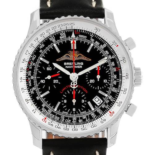 The image shows a front view of the Breitling Navitimer A23322 Men's Stainless Steel Black Dial A23322 Men's Stainless Steel Black Dial watch, highlighting its face, bezel, crown, and part of the black leather strap.