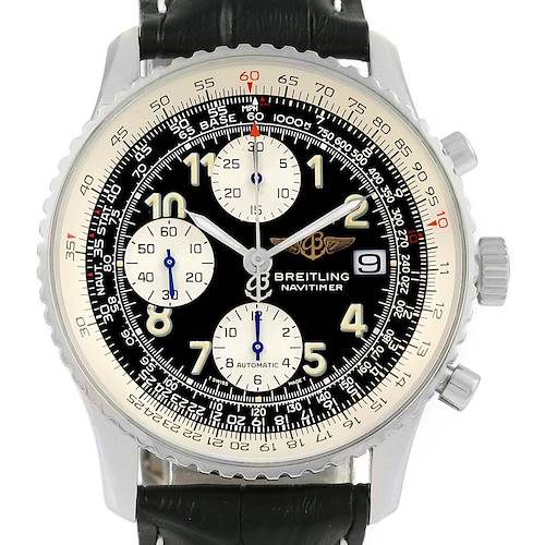 This Breitling Navitimer A13022 Men's Stainless Steel Black Dial A13022 Men's Stainless Steel Black Dial watch is shown from a frontal angle, displaying its dial, subdials, bezel, and leather strap.