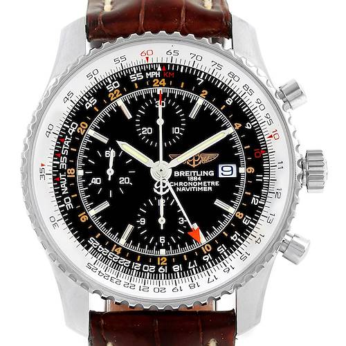 The Breitling Navitimer A24322 Men's Stainless Steel Black Dial A24322 Men's Stainless Steel Black Dial watch is shown from the front, featuring a black dial, chronograph subdials, and brown leather strap.
