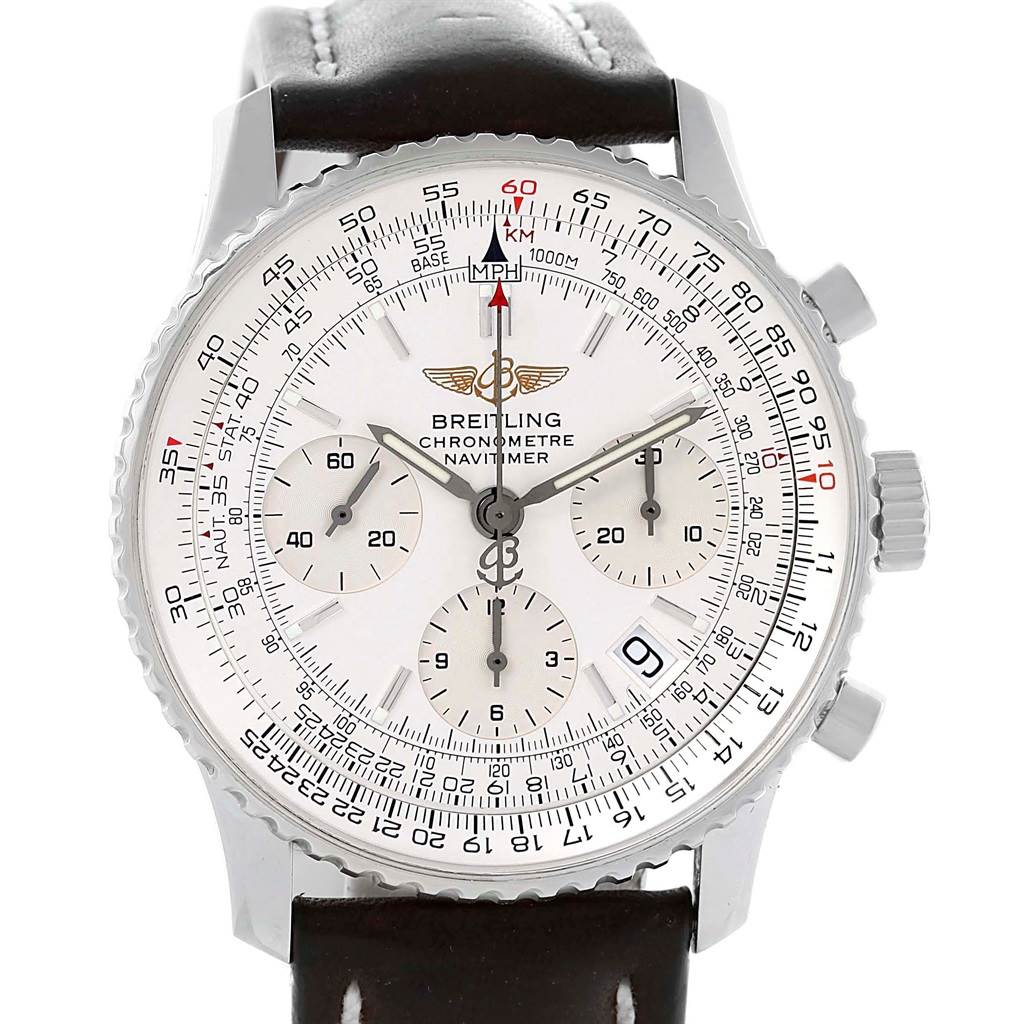 The image shows a front view of the Breitling Navitimer A23322 Men's Stainless Steel Silver Dial A23322 Men's Stainless Steel Silver Dial watch, displaying its dial, chronograph subdials, bezel, and leather strap.