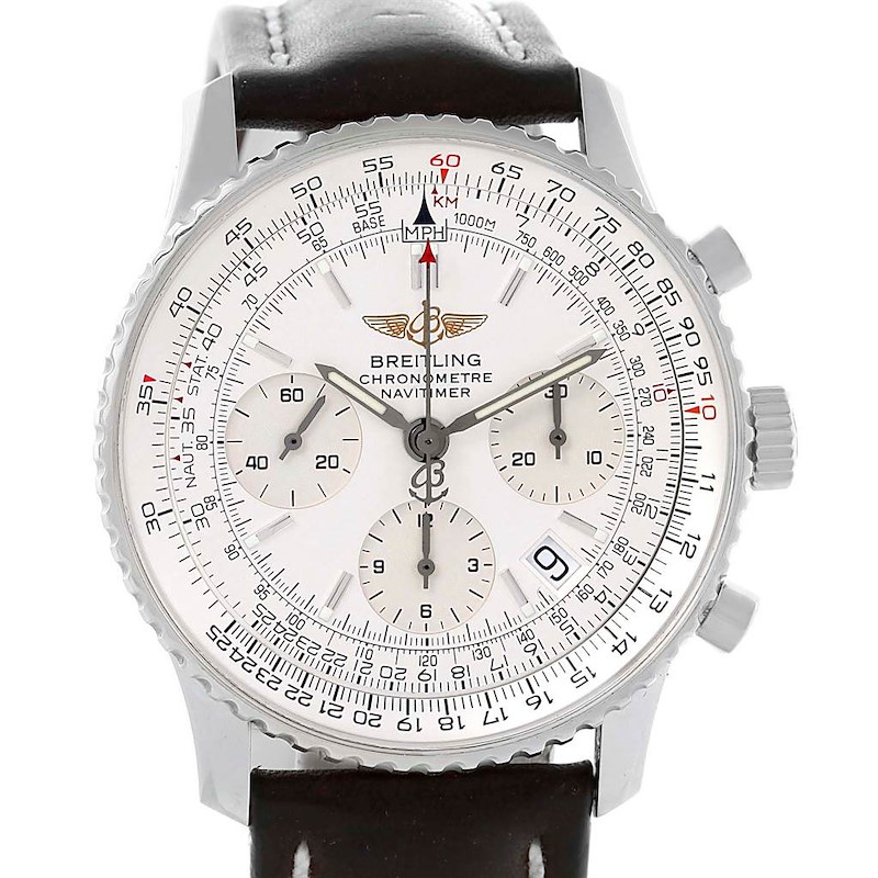 The image shows a front view of the Breitling Navitimer A23322 Men's Stainless Steel Silver Dial A23322 Men's Stainless Steel Silver Dial watch, displaying its dial, chronograph subdials, bezel, and leather strap.