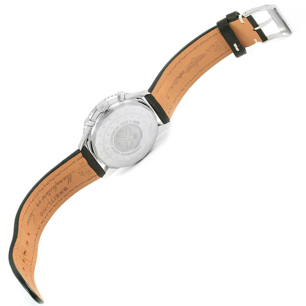 The image shows the back and inner strap of the Breitling Navitimer A23322 Men's Stainless Steel Silver Dial A23322 Men's Stainless Steel Silver Dial watch, highlighting its engraved case back and leather strap details.