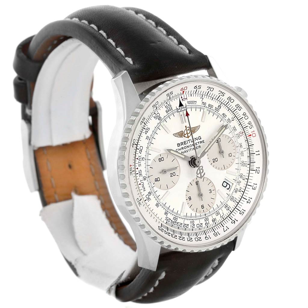 The image shows a Breitling Navitimer A23322 Men's Stainless Steel Silver Dial A23322 Men's Stainless Steel Silver Dial watch angled slightly to the left, displaying the face, bezel, and leather strap.