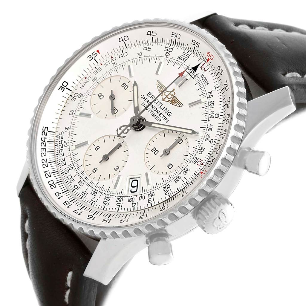 The image shows a close-up, side angle of a Breitling Navitimer A23322 Men's Stainless Steel Silver Dial A23322 Men's Stainless Steel Silver Dial watch, highlighting the dial, chronograph sub-dials, and pushers.