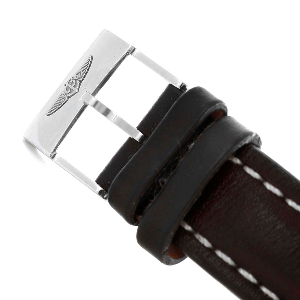 The image shows a close-up of the buckle and leather strap of a Breitling Navitimer A23322 Men's Stainless Steel Silver Dial A23322 Men's Stainless Steel Silver Dial watch.