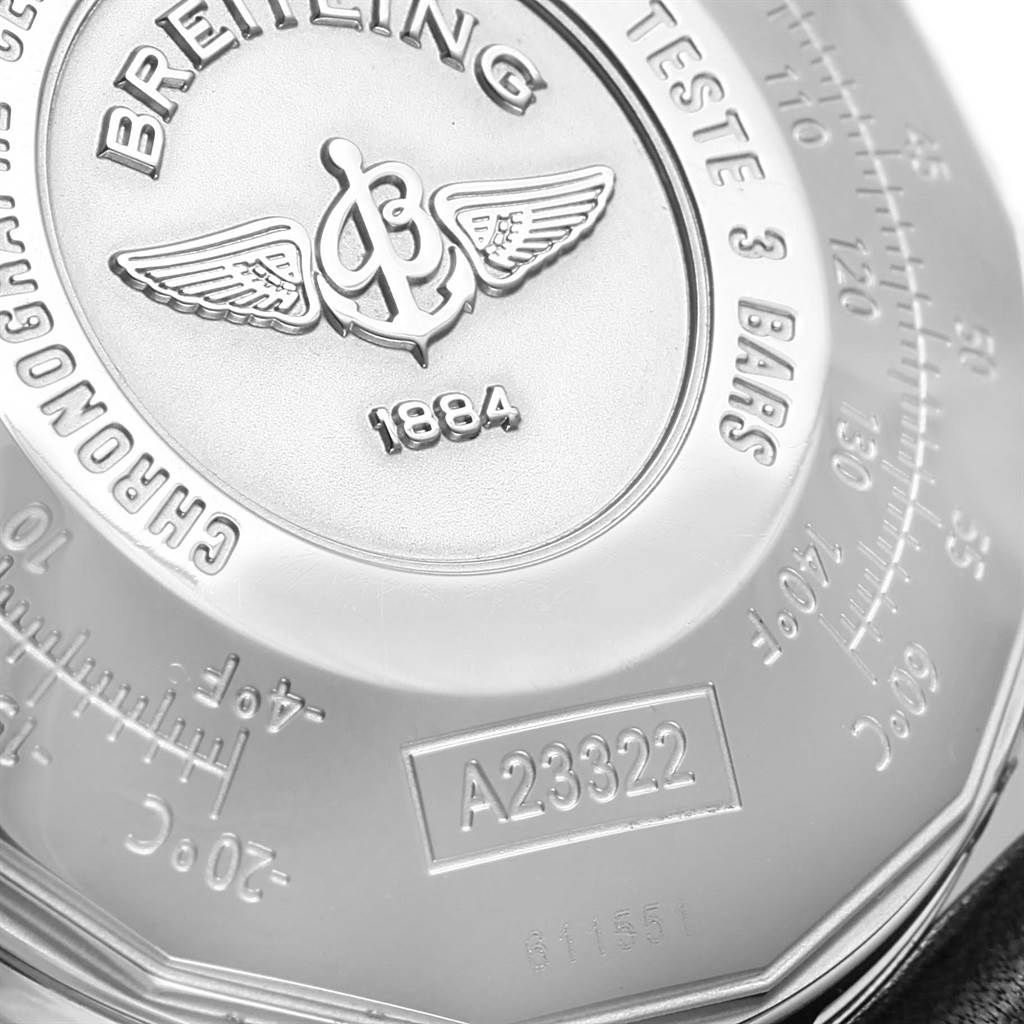 The image shows a close-up of the back case of a Breitling Navitimer A23322 Men's Stainless Steel Silver Dial A23322 Men's Stainless Steel Silver Dial watch, highlighting engraving details and the model number A23322.