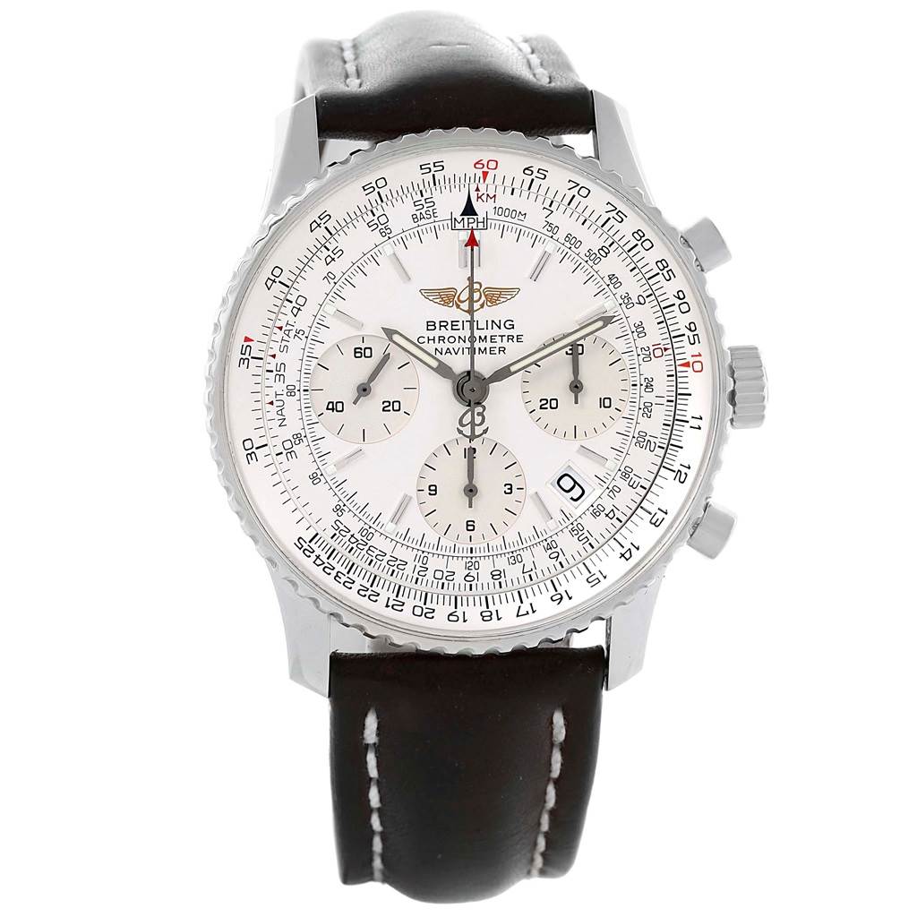 The image shows a front view of the Breitling Navitimer A23322 Men's Stainless Steel Silver Dial A23322 Men's Stainless Steel Silver Dial watch, displaying its dial, sub-dials, bezel, and leather strap.