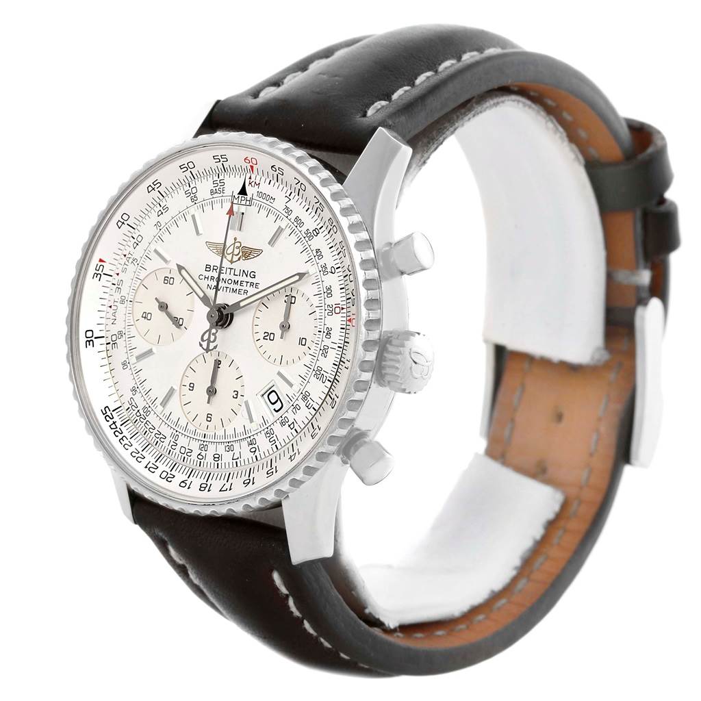 The image shows a Breitling Navitimer A23322 Men's Stainless Steel Silver Dial A23322 Men's Stainless Steel Silver Dial watch at a three-quarter angle, highlighting the face, crown, pushers, and leather strap.