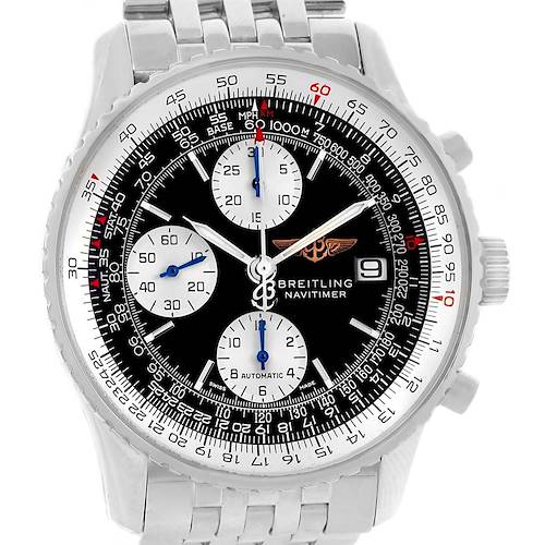 The image shows a front view of a Breitling Navitimer A13322 Men's Stainless Steel Black Dial A13322 Men's Stainless Steel Black Dial watch displaying the dial, bezel, and metal strap.
