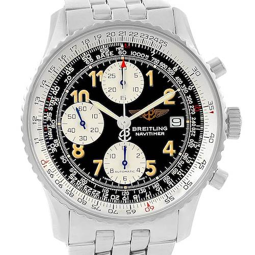 The image shows a front view of a Breitling Navitimer A13022 Men's Stainless Steel Black Dial A13022 Men's Stainless Steel Black Dial watch, showcasing its dial, bezel, and part of the bracelet.