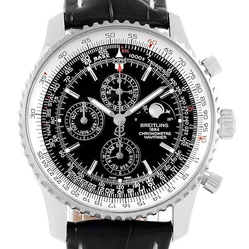 The image shows the front view of a Breitling Navitimer A19370 Men's Stainless Steel Black Dial A19370 Men's Stainless Steel Black Dial watch, highlighting its detailed dial and black leather strap.