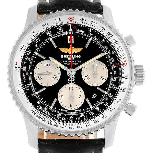 The image shows a front view of a Breitling Navitimer AB0120 Men's Stainless Steel Black Dial AB0120 Men's Stainless Steel Black Dial watch, highlighting its dial, subdials, and bezel.