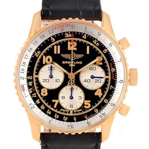 The image shows a front view of the Breitling Navitimer K30021 Men's Rose Gold Black Dial K30021 Men's Rose Gold Black Dial watch, featuring its dial, chronographs, bezel, and strap attachment.
