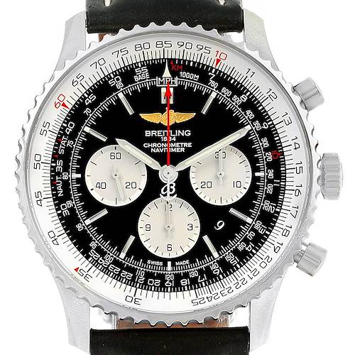 The Breitling Navitimer AB0127 Men's Stainless Steel Black Dial AB0127 Men's Stainless Steel Black Dial watch is shown from the front, displaying its face, chronograph subdials, and bezel.